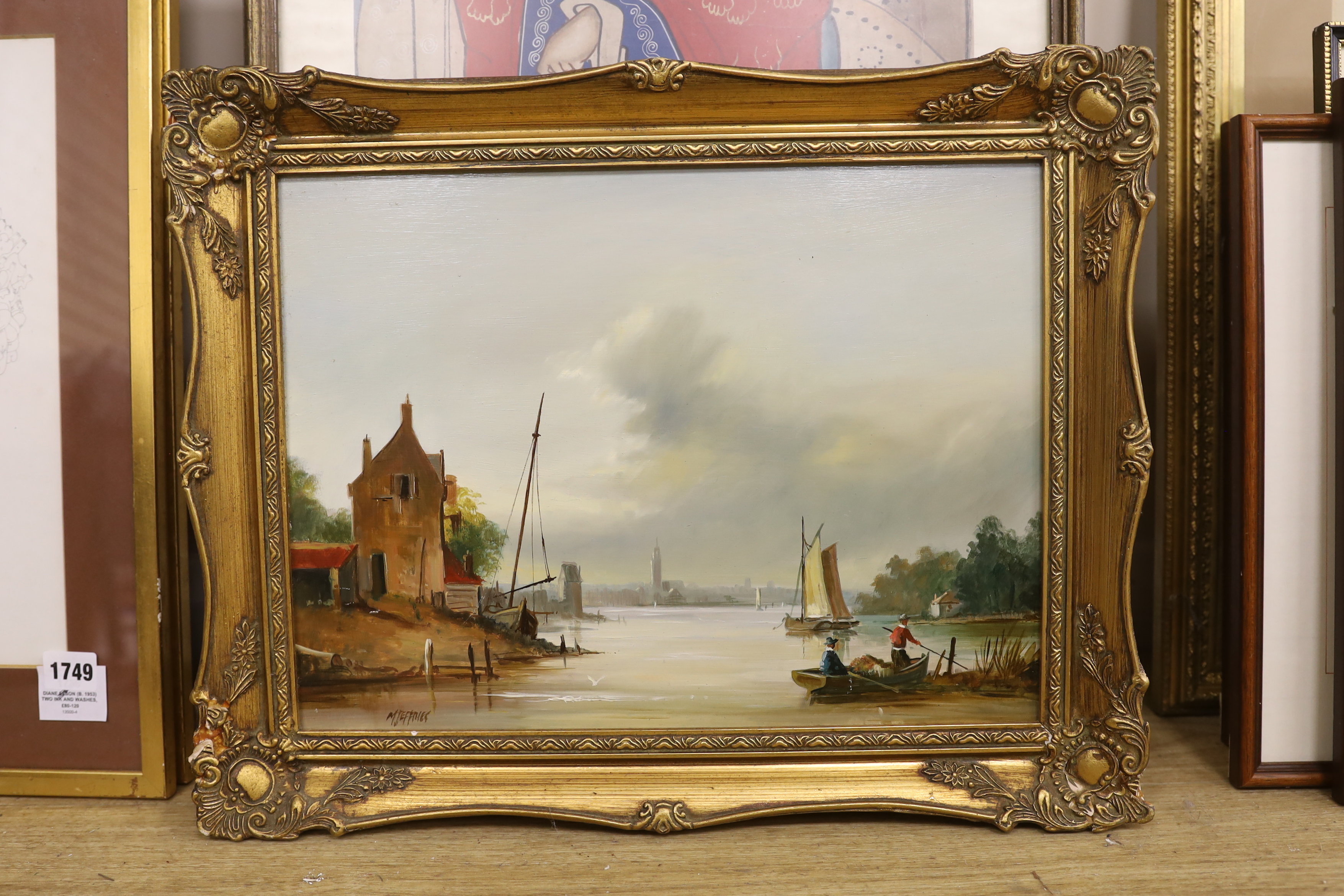 Mike Jeffries (20th. C) oil on board, Dutch canal scene with fishing boats, signed, 29 x 39cm, ornate gilt framed